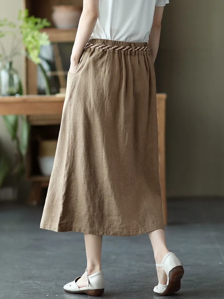 High Waist Casual Skirts Women New Arrival 2022 Summer Vintage Style Loose Cotton Linen Ladies A-line Long Skirt With Belts D326