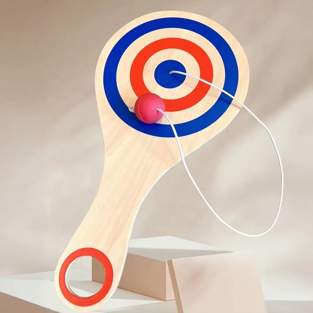 Wood Tether Ball Paddle Elastic Cord Target Pattern Catch Ball Scoring Holes Tethered Ball Elastic Skill Ball