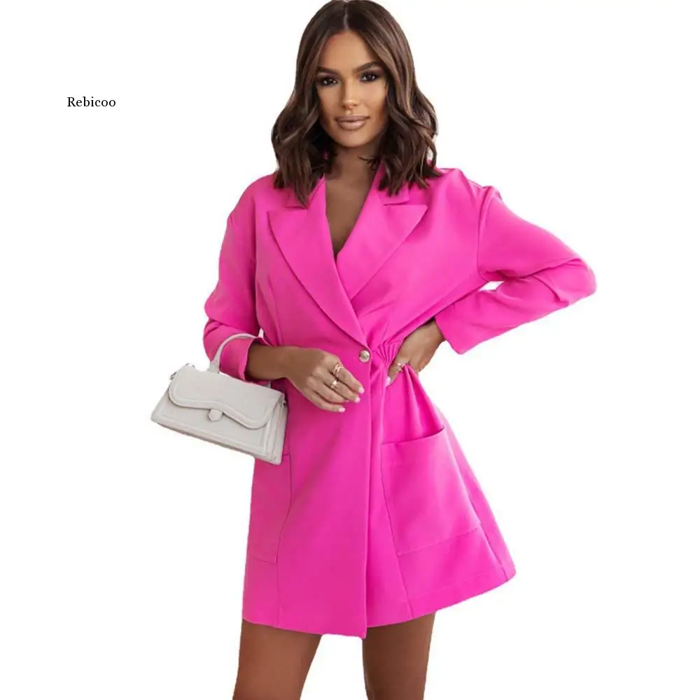 Feminino longo blazer vestido 2022 outono moda ol escritório senhoras cor sólida clássico lapela blazer vestido elegante feminino split vestido