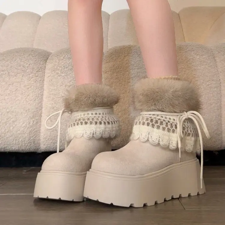 

Korean Style Fleece Lined Fluffy Boot Thick Bottom Platform Winter Snow Boots Short Tube Rubber Sole round Toe Warm Shoes