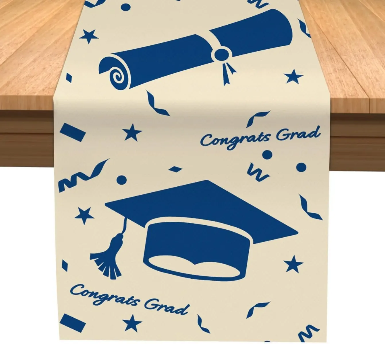 Blue Graduation Cap Diploma Pattern Linen Table Runners Centerpiece Congrats Grad Table Runner for Home Grad Party Table Decor