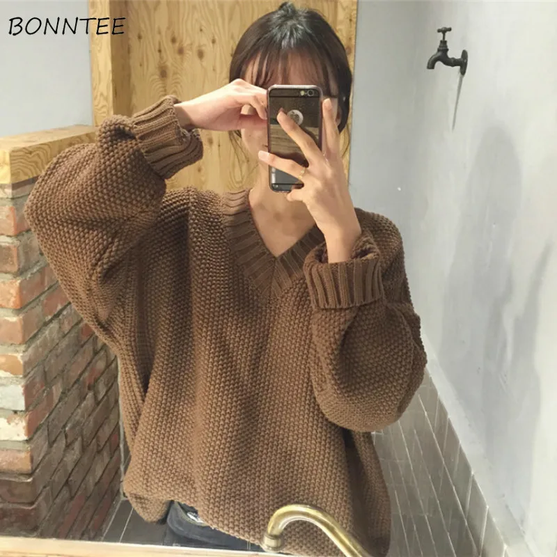 Pullovers Women V-neck Harajuku Knitwear Simple Japanese Autumn Long Sleeve Sweater Warm Chic Trendy Female All-match Casual New