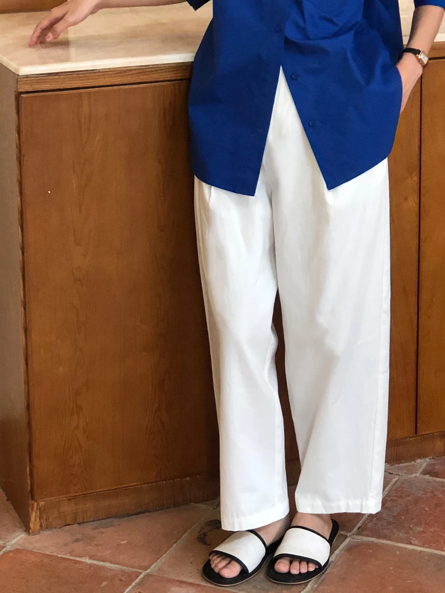 

Женские повседневные брюки с высокой талией из хлопка, свободные прямые длинные брюки, осенние, оригинальный дизайн, чисто белые, широкие штанины