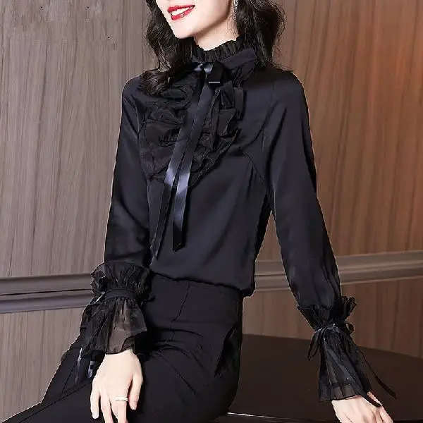 2023 New Spring Fashion Patchwork Black Turtleneck Long Sleeve Blouse Ladies Fashion Pleated Bow Shirts Women Clothing Elegant