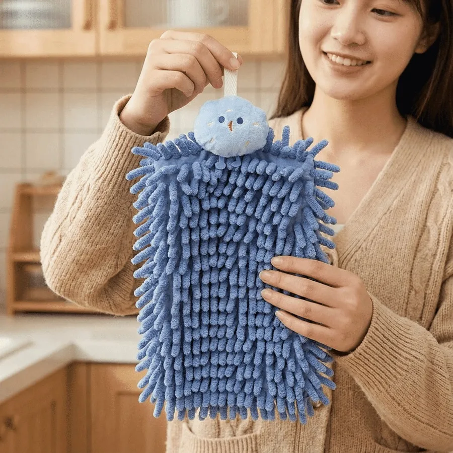 Cute Plush Chenille Hand Towel, Hanging Absorbent Quick-Dry Towel for Bathroom & Kitchen