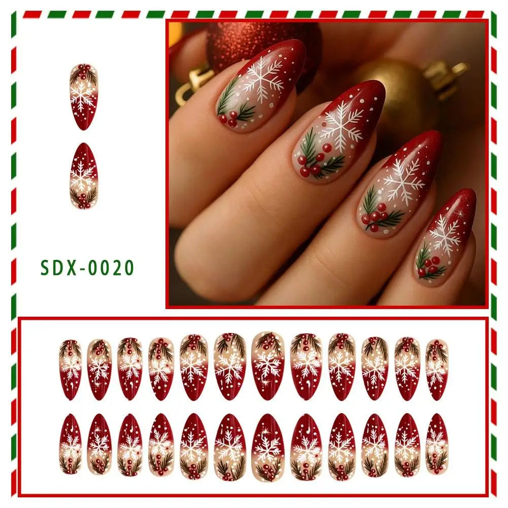 Uñas postizas con punta francesa navideña, almendra, Navidad, punto rojo francés, copo de nieve, baya en relieve, uñas postizas extraíbles, uñas con purpurina