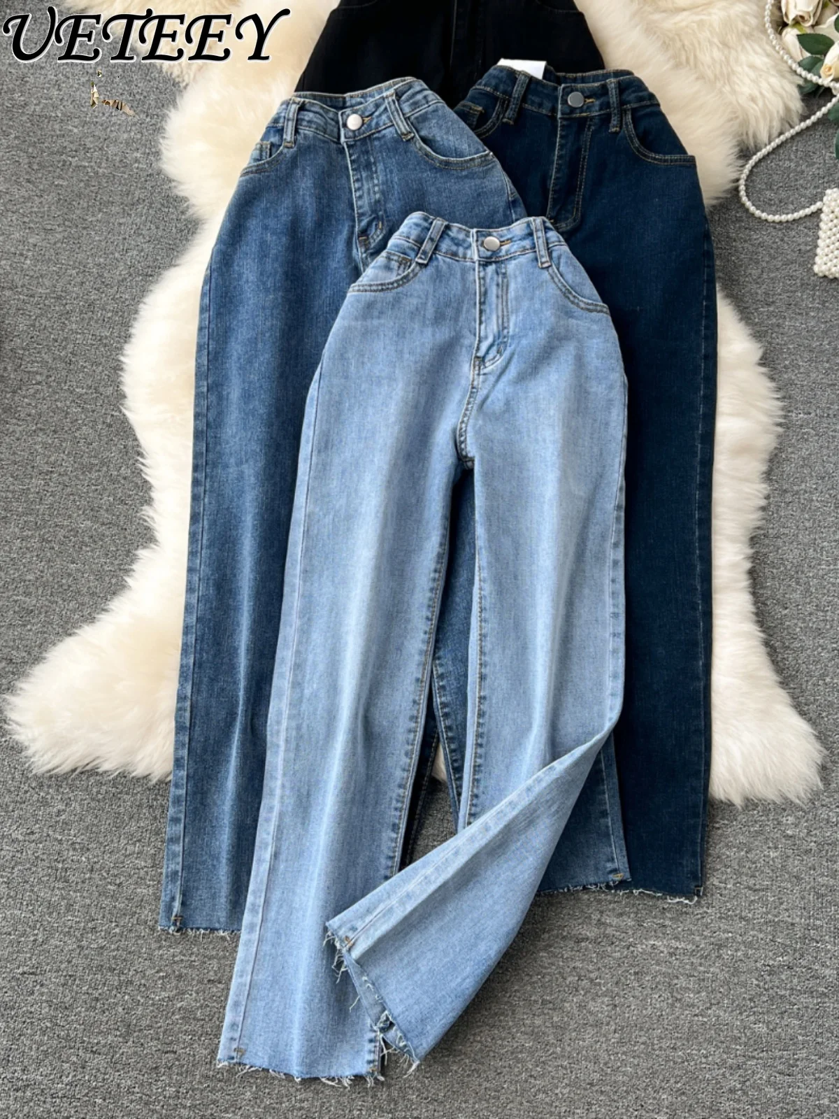 Spring Autumn New Korean Edition Fashion Rough Wide-leg Jeans Women's High Waist Elastic Slim Skinny Straight Denim Pants