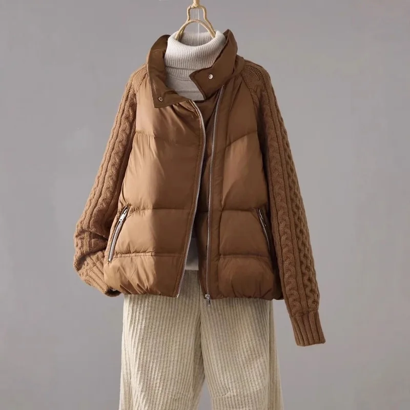 

2026 White Duck Down Jacket New Fashionable Quilited Jacket Knitted Splicing for Women's Winter Fashion Casual Coat