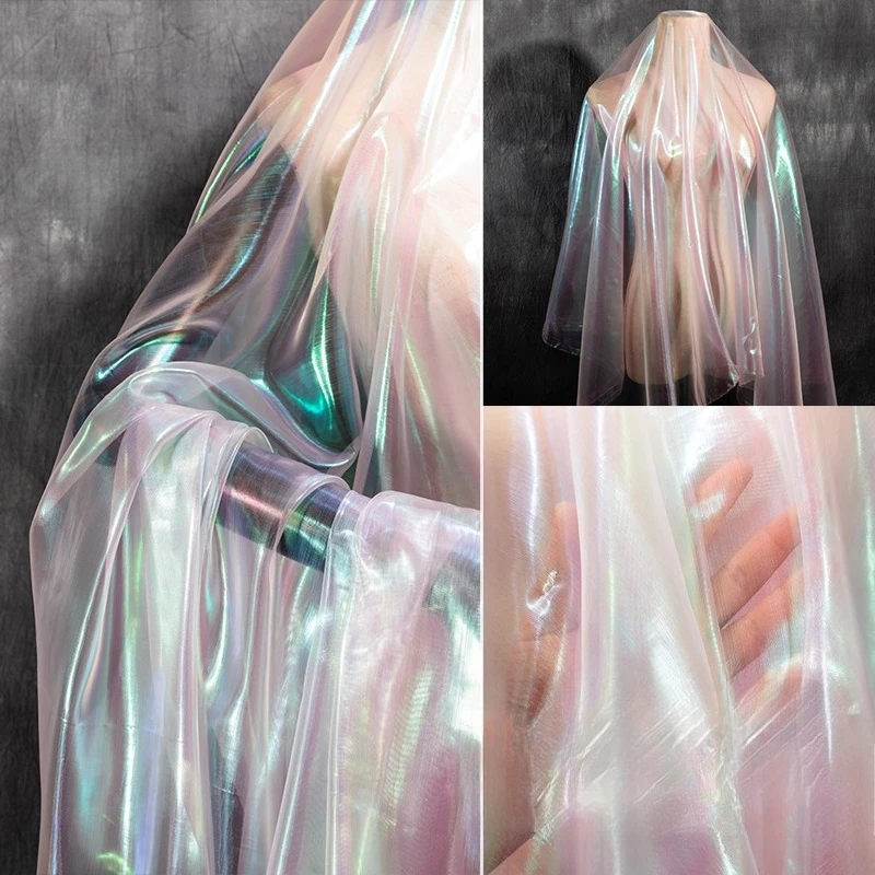 Laser Gradient Organza Fabric for Dresses DIY Doll Clothing Designer Sheer Iridescent Lightweight Soft Shimmery Fabric