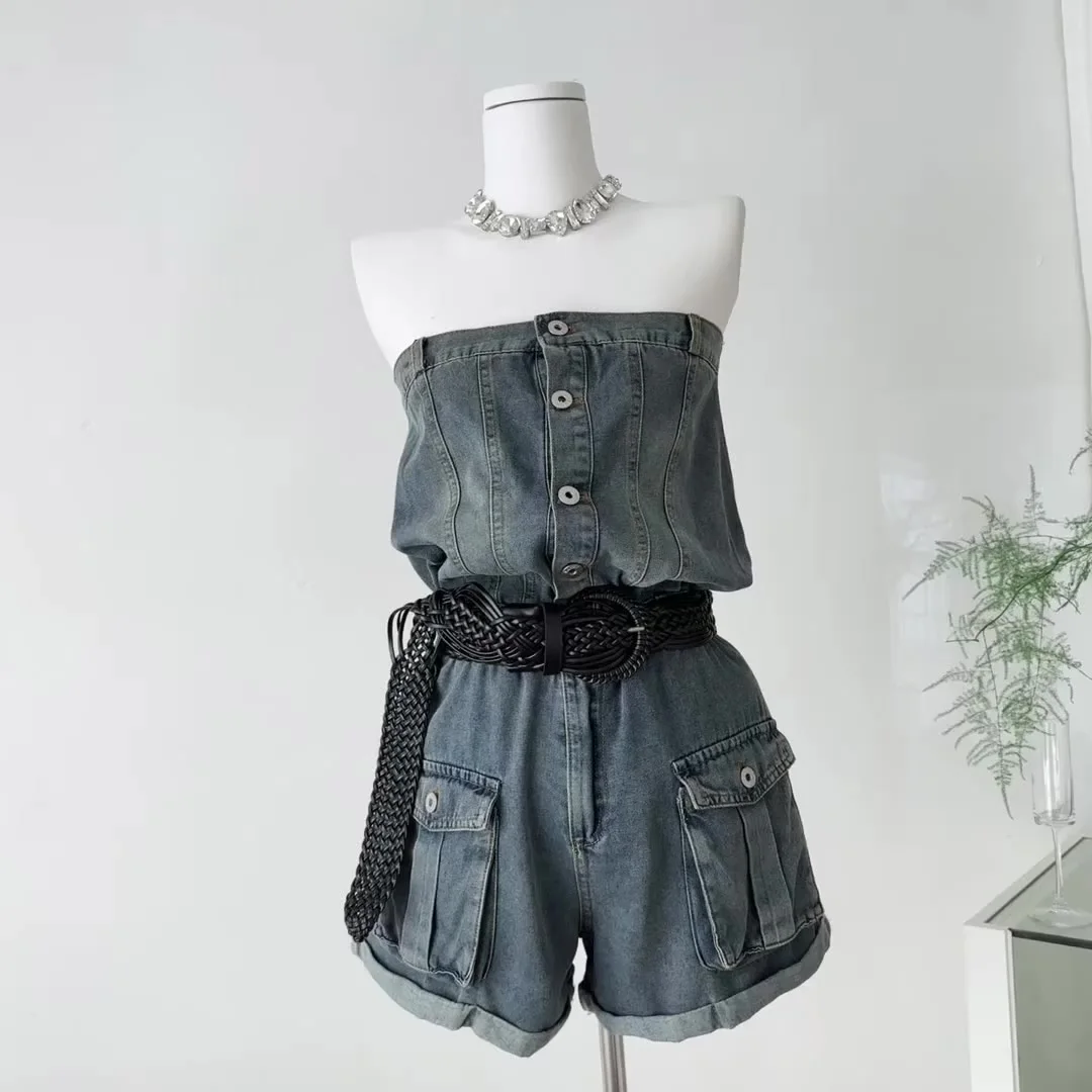 

Summer Women Y2k Kpop Coquette Idols Denim Playsuits With Belt Off Shoulder Coquette Gyaru 2000s Korean Trendy Shoujo Punk New