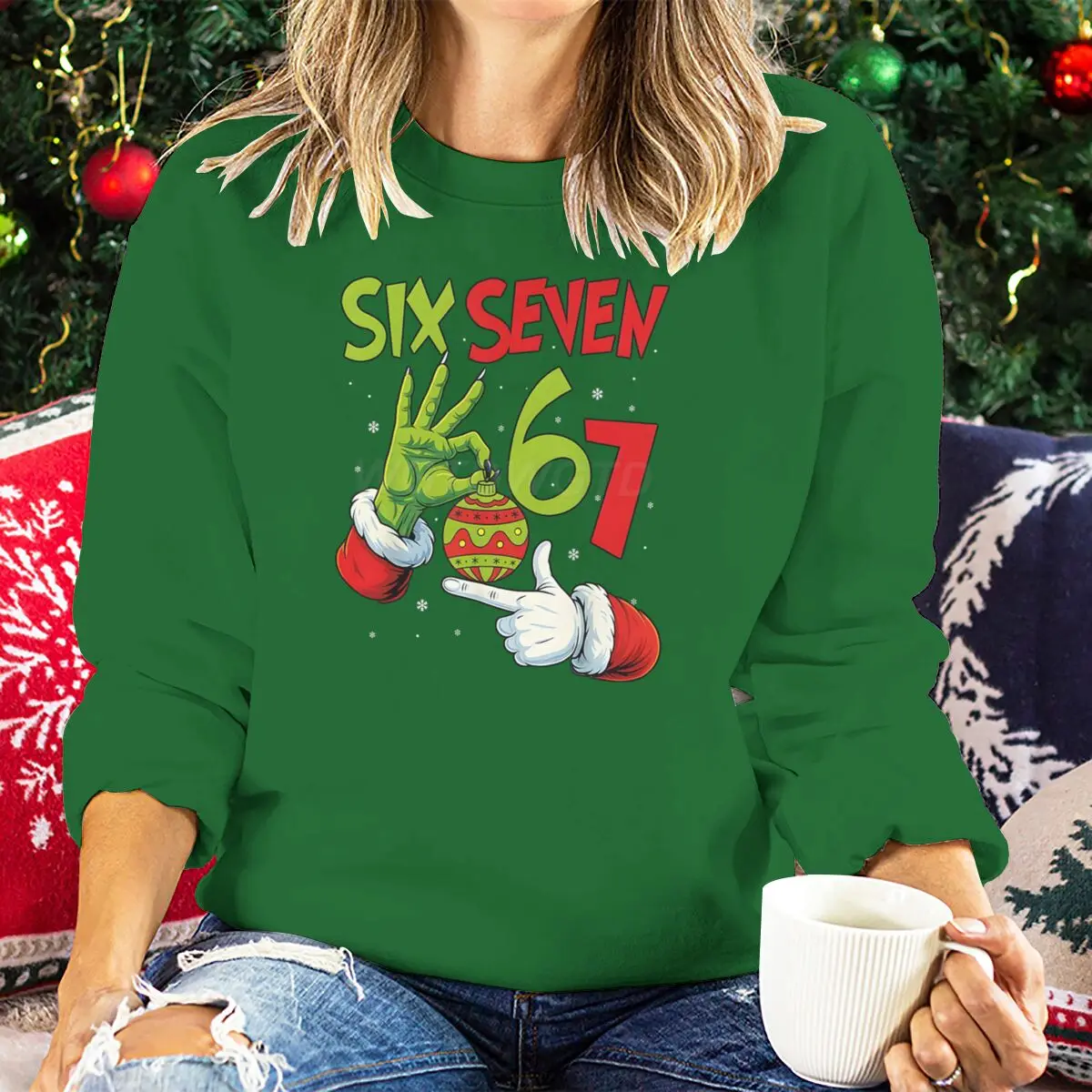 Festive Funny 6 7 Memes Hands Sweater Women Six Seven Graphic Print Sweatshirts Merry Christmas Party Fashion Casual Pullovers
