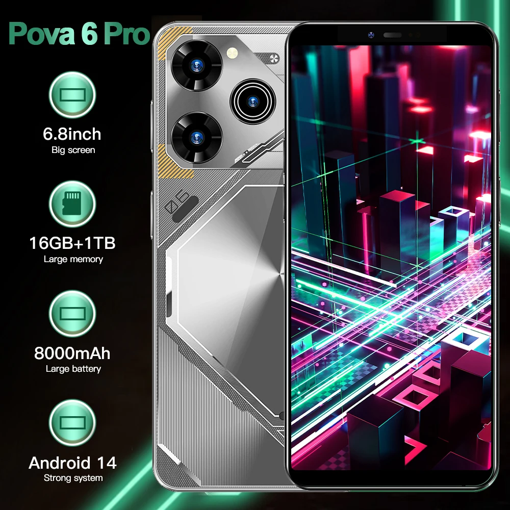 

2025 New Pova 6 pro 6.8HD Global Edition Original Smart Dual Card 8000mAh Battery Facial Recognition Function
