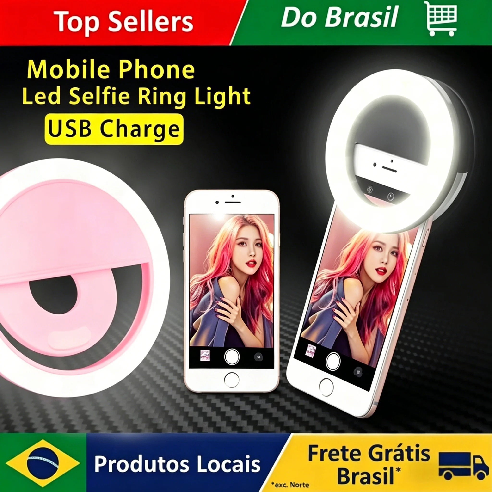 Anel de Luz LED USB Recarregável para Selfie, Compatível com Celular, Lente e Clipe de Anel para Selfie