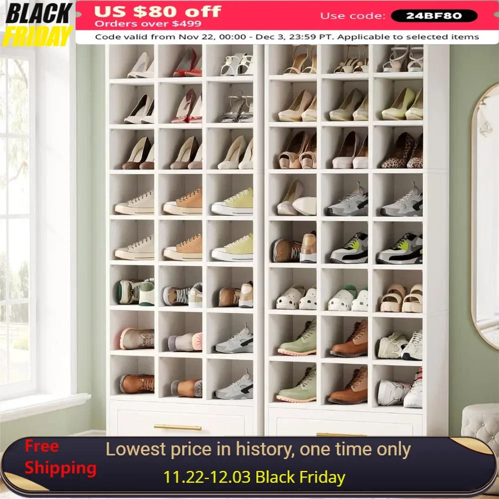 71-Inch 9-Tier Shoe Storage Cabinet，Freestanding Shoes Storage Cabinet with 24 Cubbies and Drawer，2 Pcs Wooden Shoe Rack