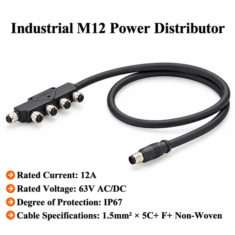 Industrial M12 5Pin L-Coded Junction Box With Power Cable IP67 Power Distributor Splitter for Profinet Switch EtherCAT