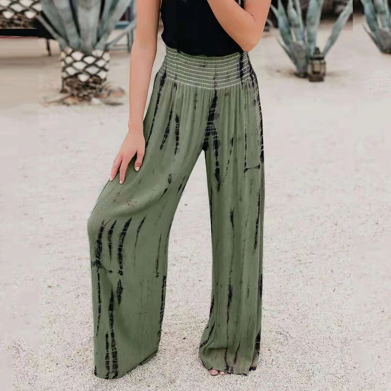 

Fashion Elastic High Waist Women Wide-leg Pants 2024 Casual Printed Long Pants Vintage Loose Streetwear Pleated Trousers 30767