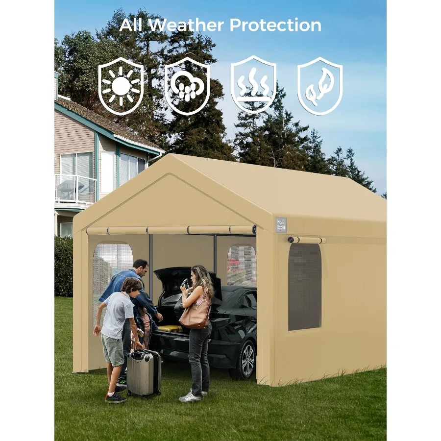 Portable Carport For Vehicles, Heavy-Duty Polyethylene, Gray, Waterproof UV-Resistant With Removable Sidewalls Doors And Roll-U