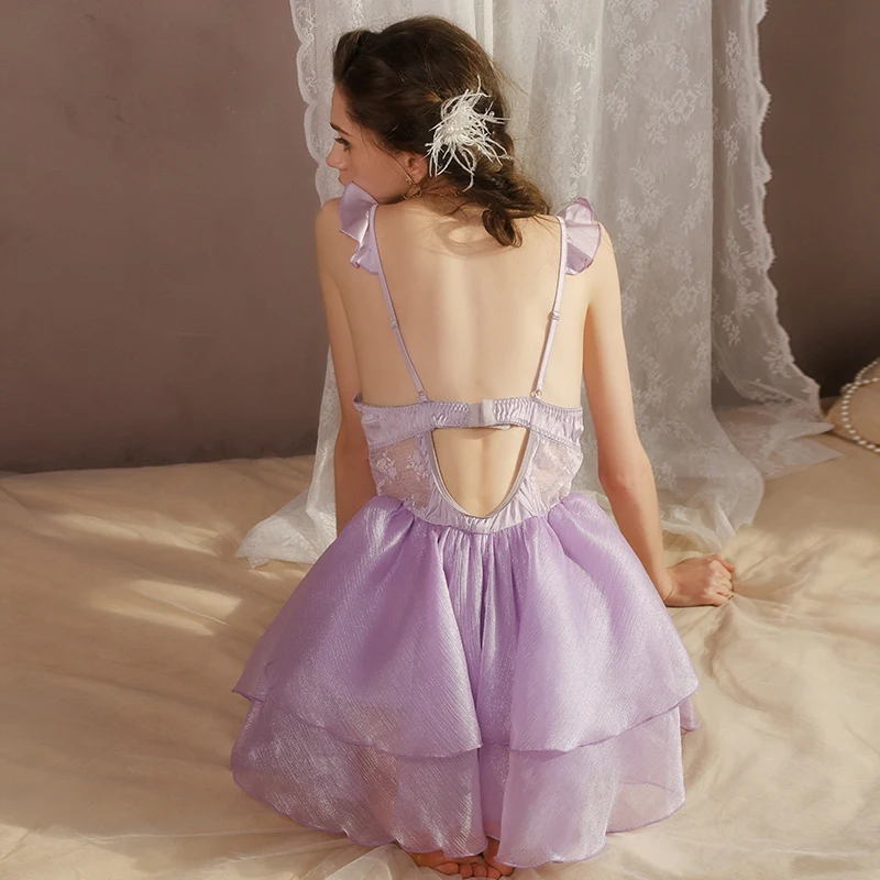 여성 Nighty Pearlescent Puff Petal 여성용 잠옷 나이트 가운 섹시한 나이트 드레스 가슴 패드가있는 여성용 잠옷 란제리