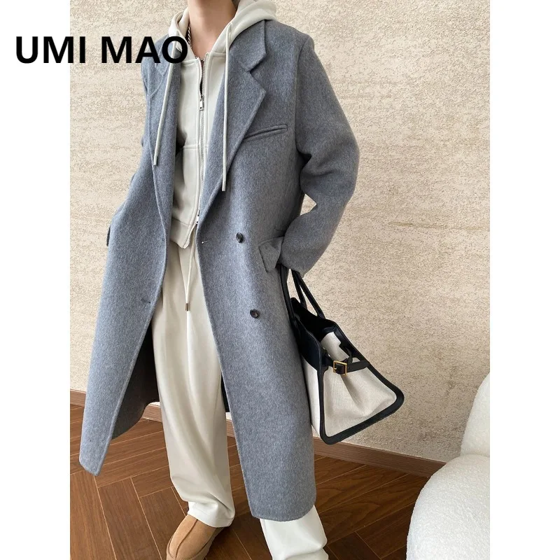 

UMI MAO шерстяное пальто женское скандинавское шерстяное пальто в стиле блоггера высокого класса с лацканами двусторонние длинные куртки большого размера женское пальто Femme