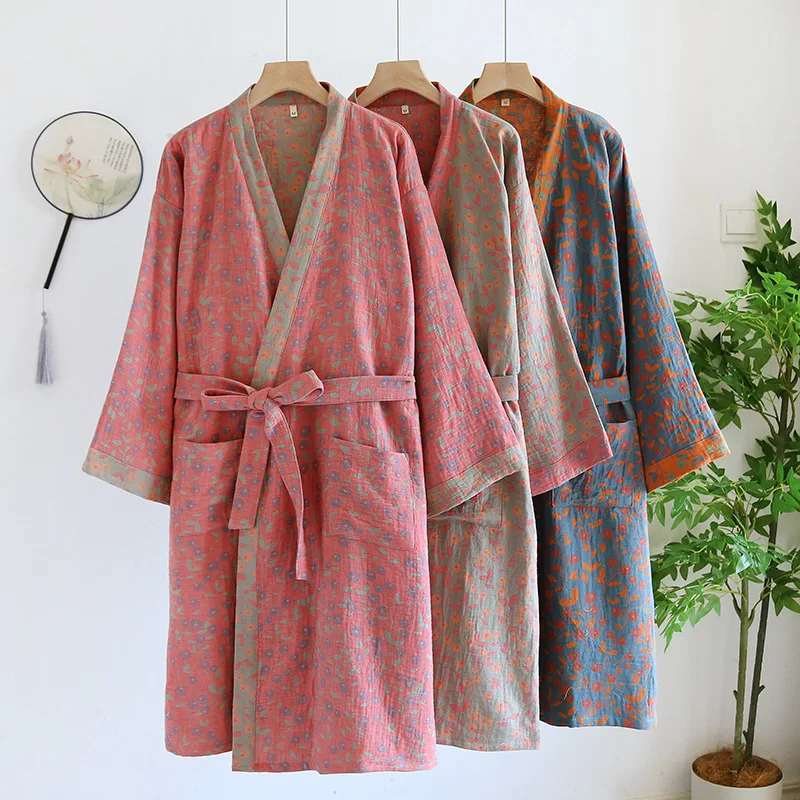 Women Cotton Kimono  Bathrobe Spring Autumn Morning Robes Loose Home Wear Sleep Dressing Yarn-dyed Jacquard Nightgown Gowns
