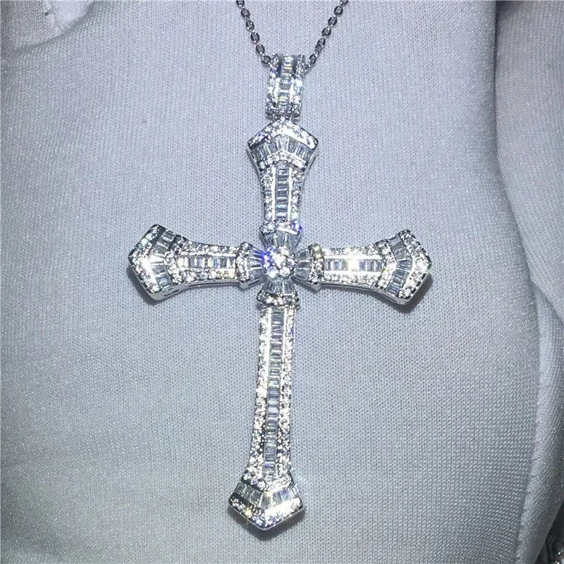 Luxury Cross Pendant T shape AAAAA cz Silver Color Party Wedding Statement Cross Pendant necalace for women Men Jewelry