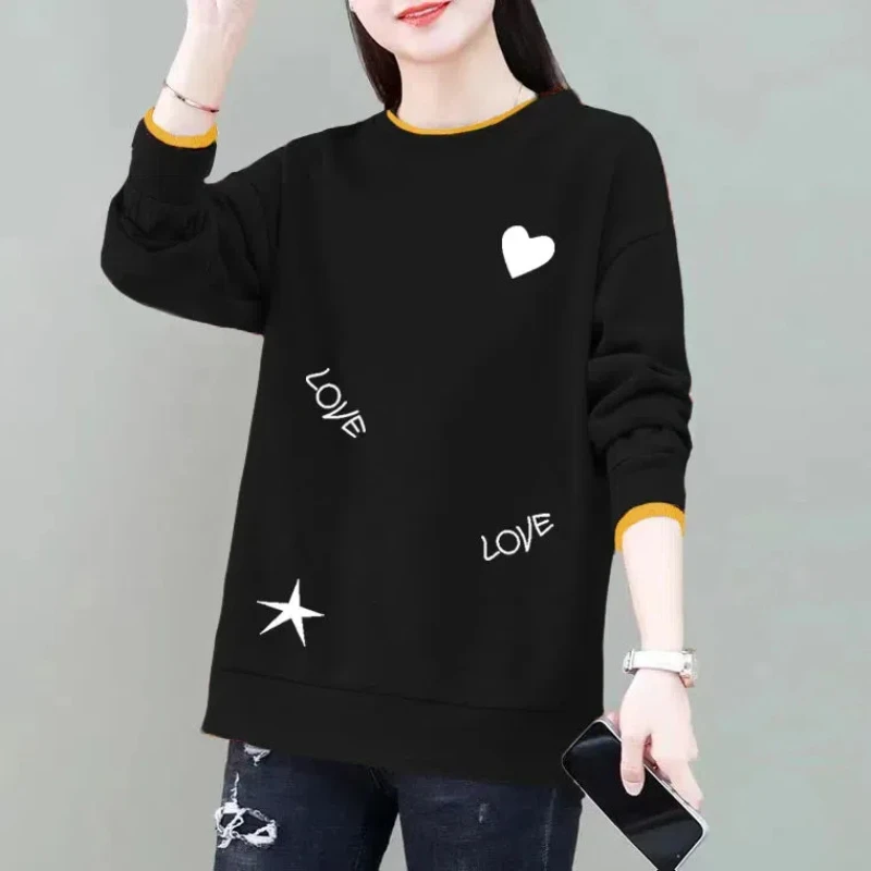 Commuter Women\'s Clothing Pullover Letter Printing Lantern Long Sleeve Hoodies Casual Loose Spring Autumn Round Neck Tops