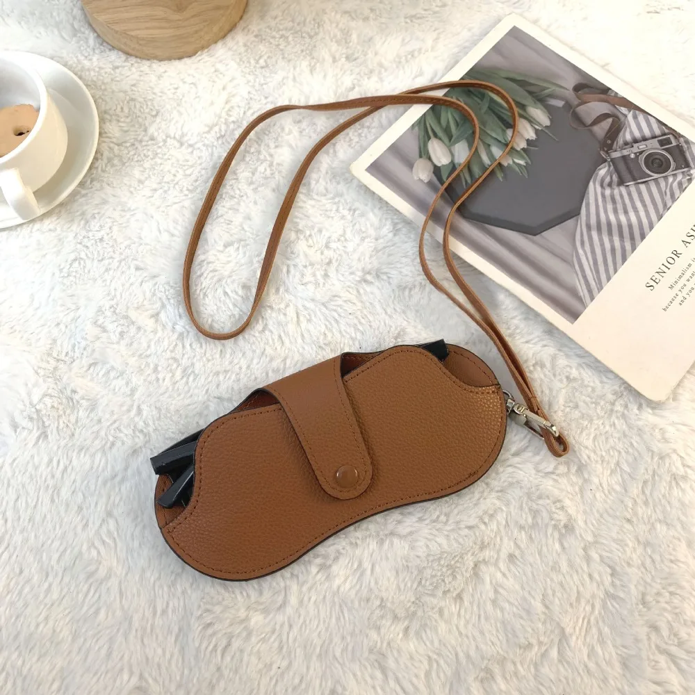 

PU Leather Sunglasses Storage Bag with Lanyard Durable Sunglasses Pouch Solid Color Portable Hanging Sunglasses