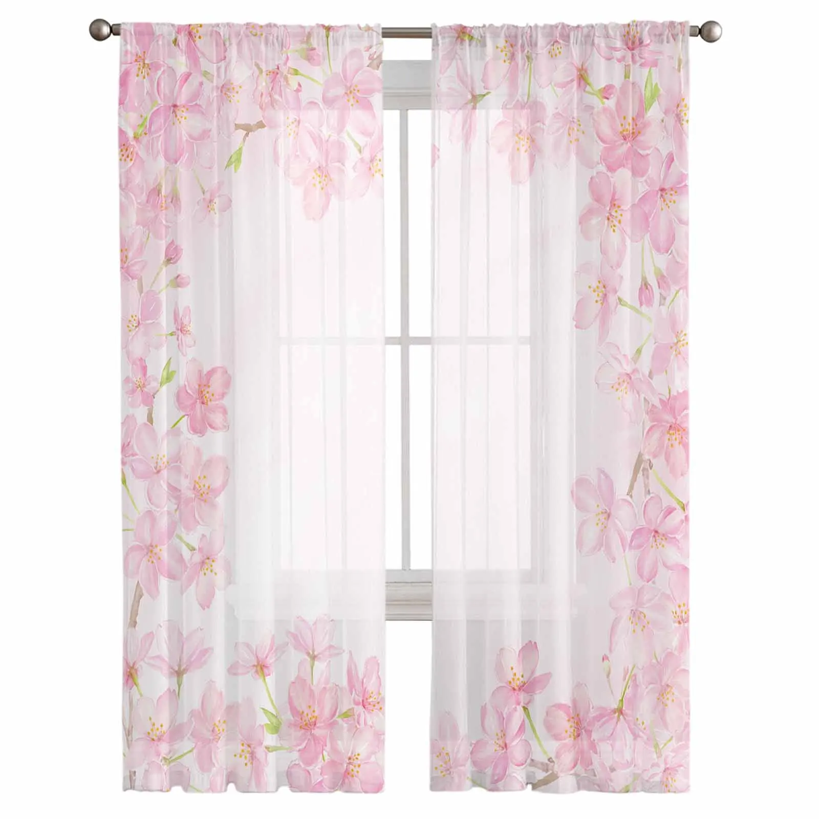 Watercolor Cherry Blossom Tulle Curtain for Living Room Bedroom Window Treatment Sheer Voile Curtain Kitchen Drape