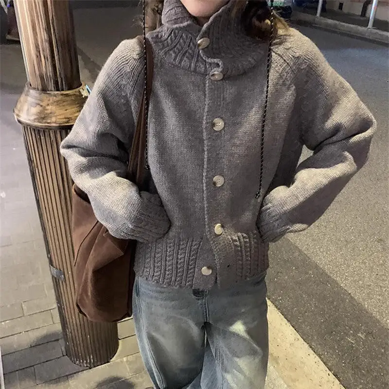 Pink High Collar Knitted Sweater Cardigan Women's Jacket Solid Knitted Top Twists Sleeve Knitwear Korean Version Autumn Winter