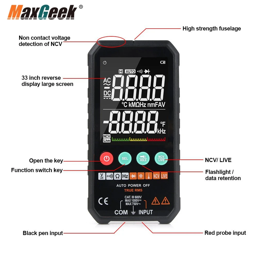 Maxgeek FY107C Smart Digital Multimeter Tester AC/DC Voltage Resistance Tester with Temperature Probe