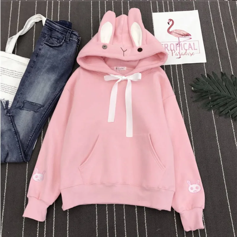 Cartoon Hoodies Women Embroidered Rabbit Ears Cute Sweatshirts Loose Girls Long Sleeves Coats Streetwear Autumn Winter