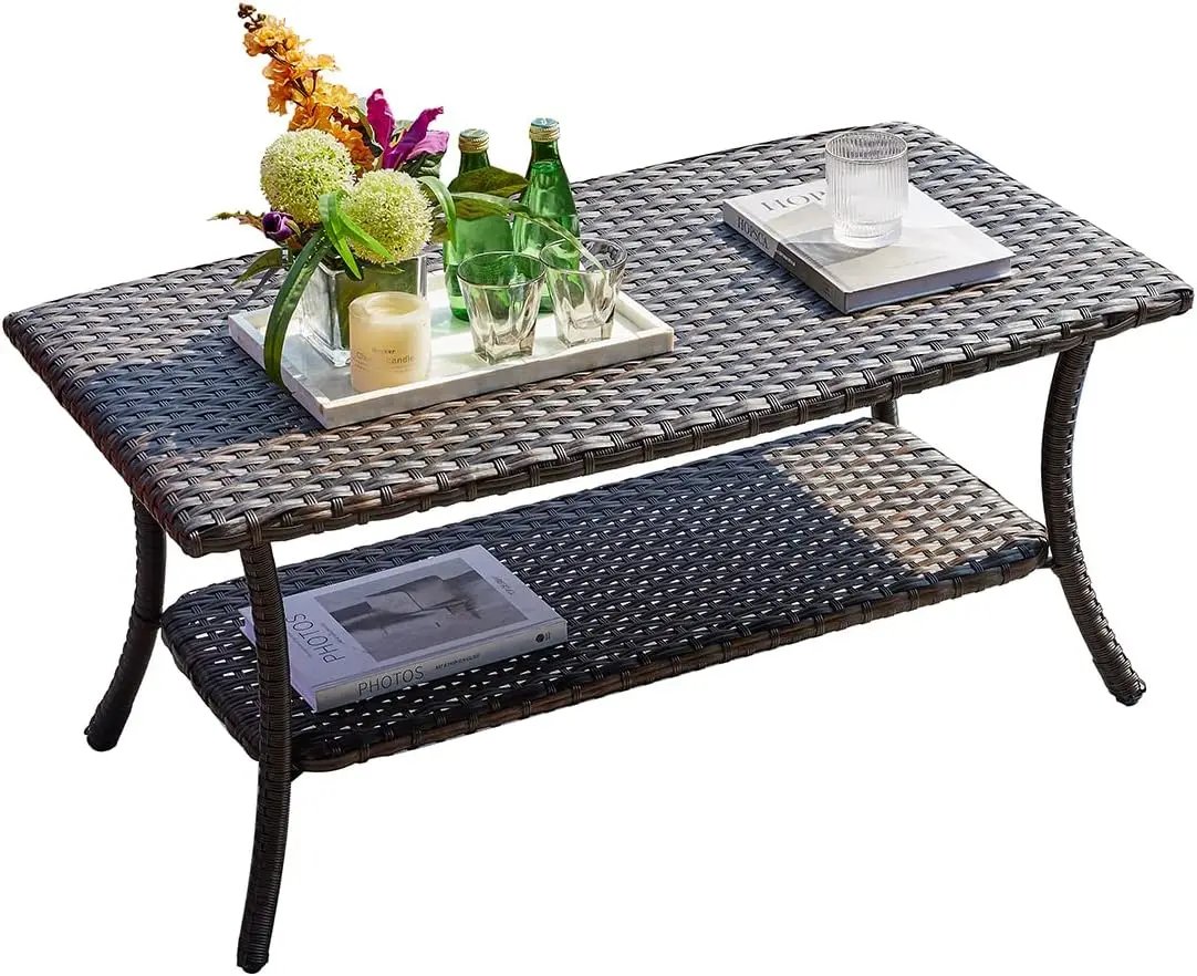 Wicker Patio Coffee Table,Rattan Outdoor Coffee Table with 2-Layer Storage Furniture Tables for Garden,Porch,Backyard