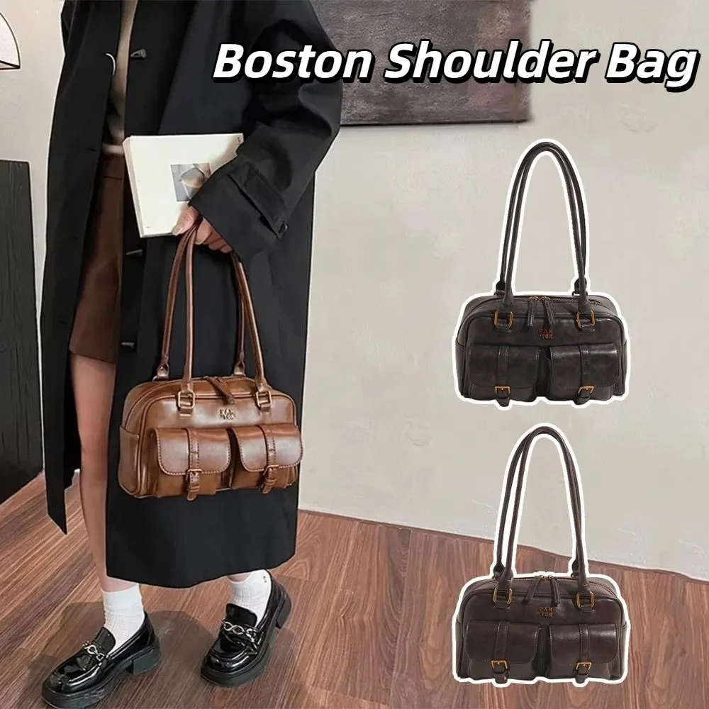 

Casual Korean Style PU Bowling Bag Handbag Solid Color Pocket Boston Tote Bag Patent Leather Minority Design Underarm Bag Girls