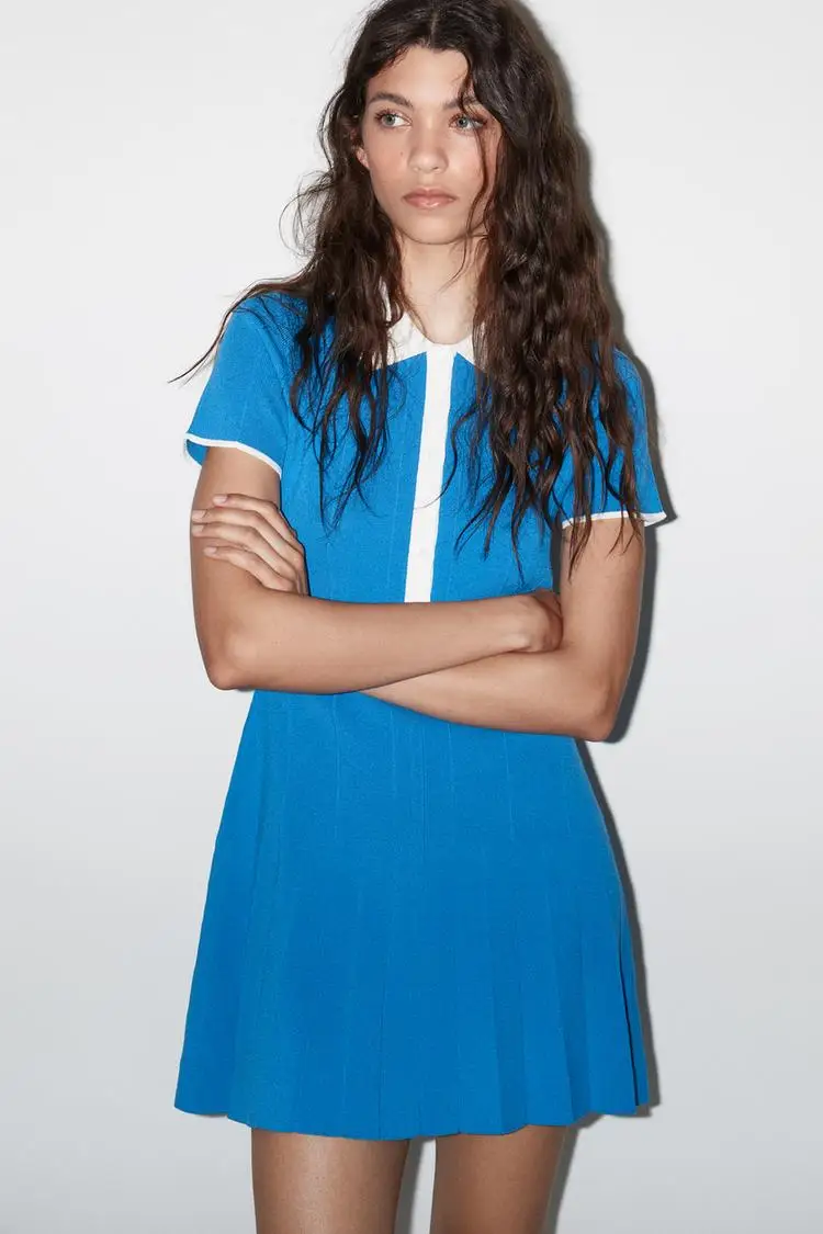 Yy26145 za25 verão novo charme feminino malha contraste camisa flip colarinho manga curta mini vestido linha a 4938014