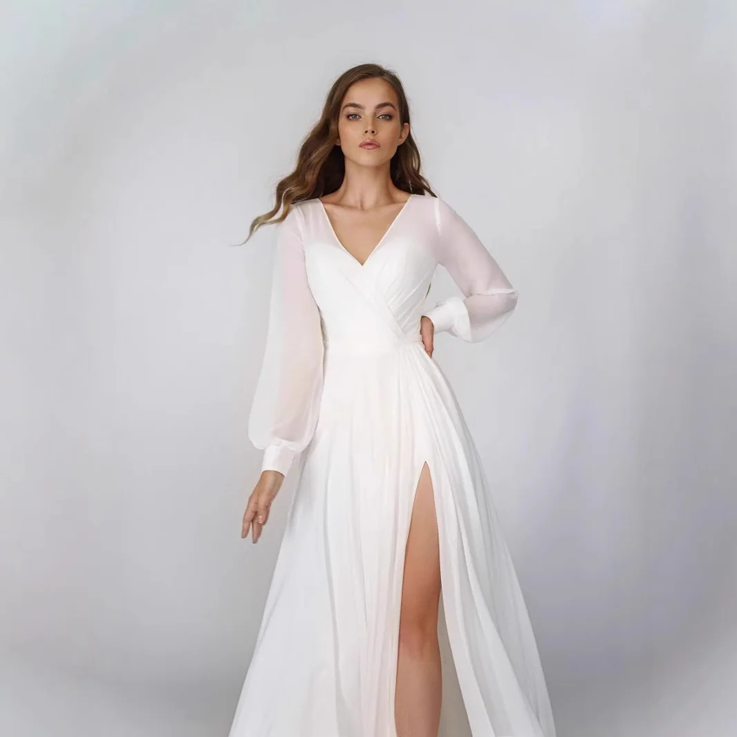 Vestido de noche Formal elegante, corte en A, manga larga, cuello en V, gasa, corte alto y tren de barrido, vestido de fiesta romántico, personalizado gratis 2025