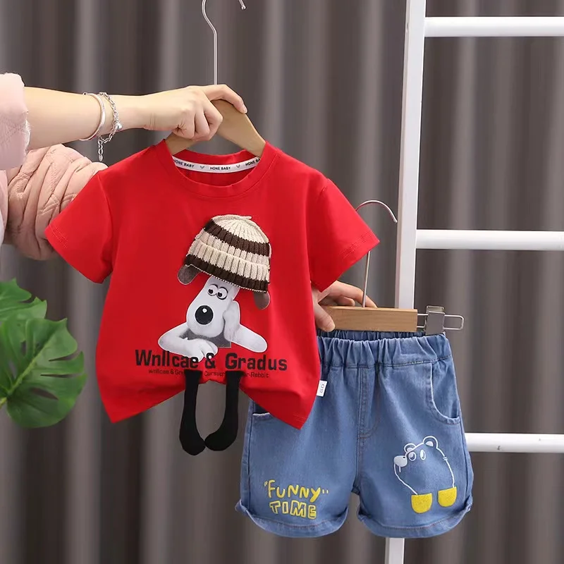 Cartoon Toddler Infant Summer Short Sleeve T-Shirt+Jeans Shorts 2 Piece Suit Baby Boys Clothes Kids 1-5T Sport Casual Outfits