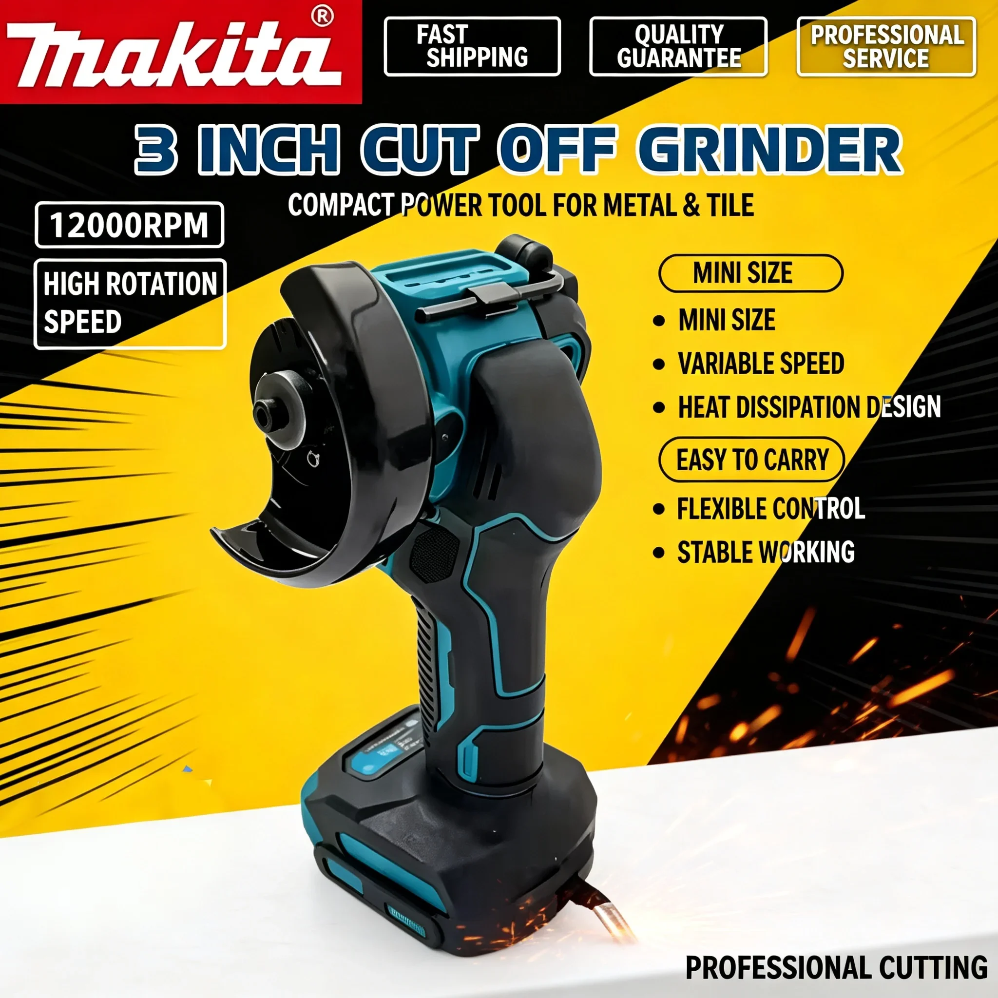 Makita 3 Inch Mini Angle Grinder, Cordless Cut Off Tool, Electric Cutting Circular Saw Power Tool for 18/20V Battery