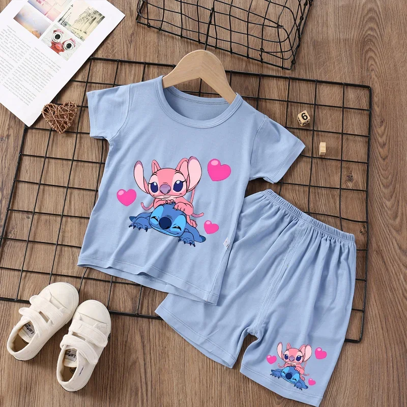 Disney Stitch Pajama Set Cute Boys Girls Modal Sleepwear 2pcs Tops Shorts Suit Pyjamas Kawaii Cartoon Anime Kids Nightwear Gift