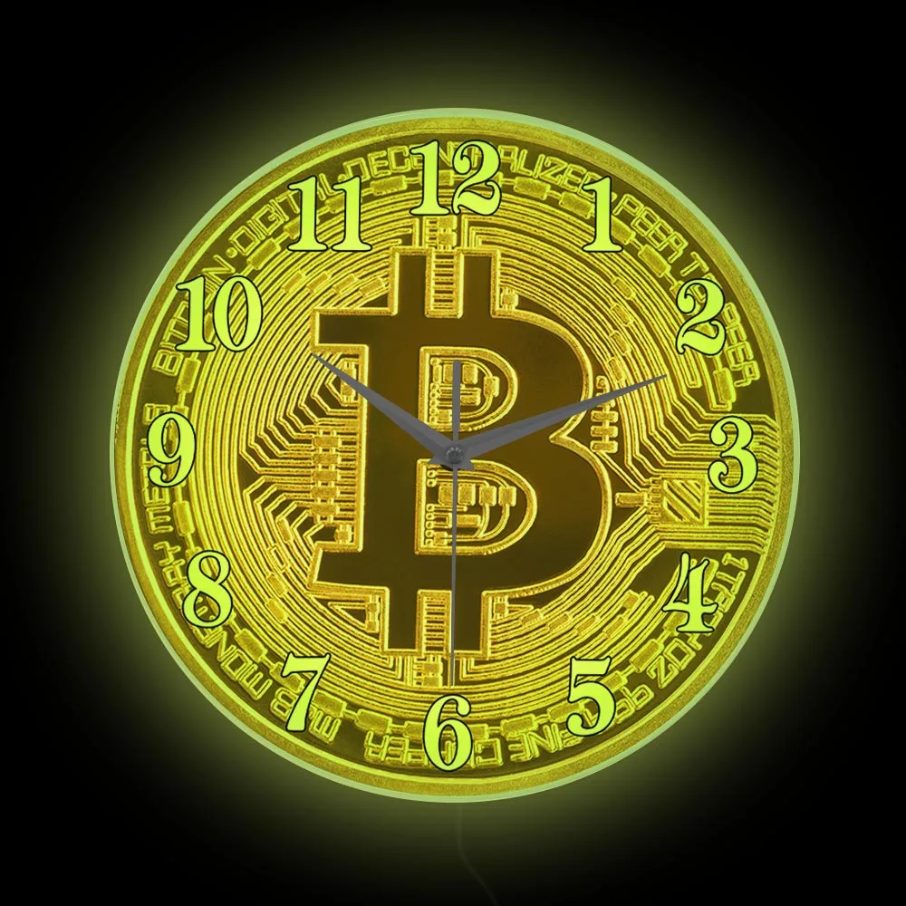 Bitcoin Symbol Luminous Printed Wall Clock Cryptocurrency Decor BTC Golden Coin LED Lighted Neon Sign For Office Finance Gift