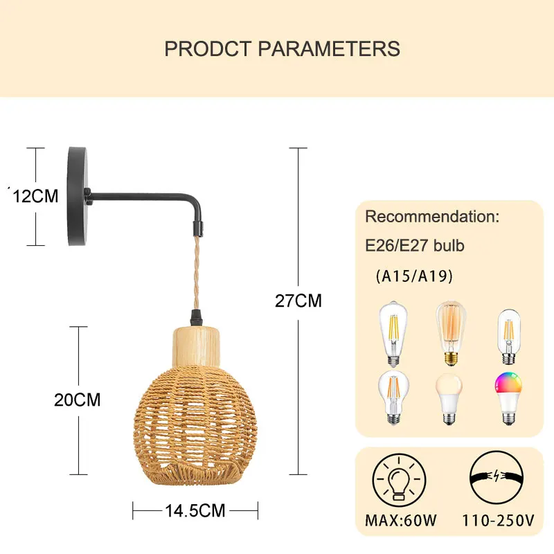 手作りの籐製壁ランプ,クリエイティブなヴィンテージデザイン,室内装飾ライト,e27,sconce,廊下,ホテル,キッチン,ダイニングルーム,レストラン,カフェに最適