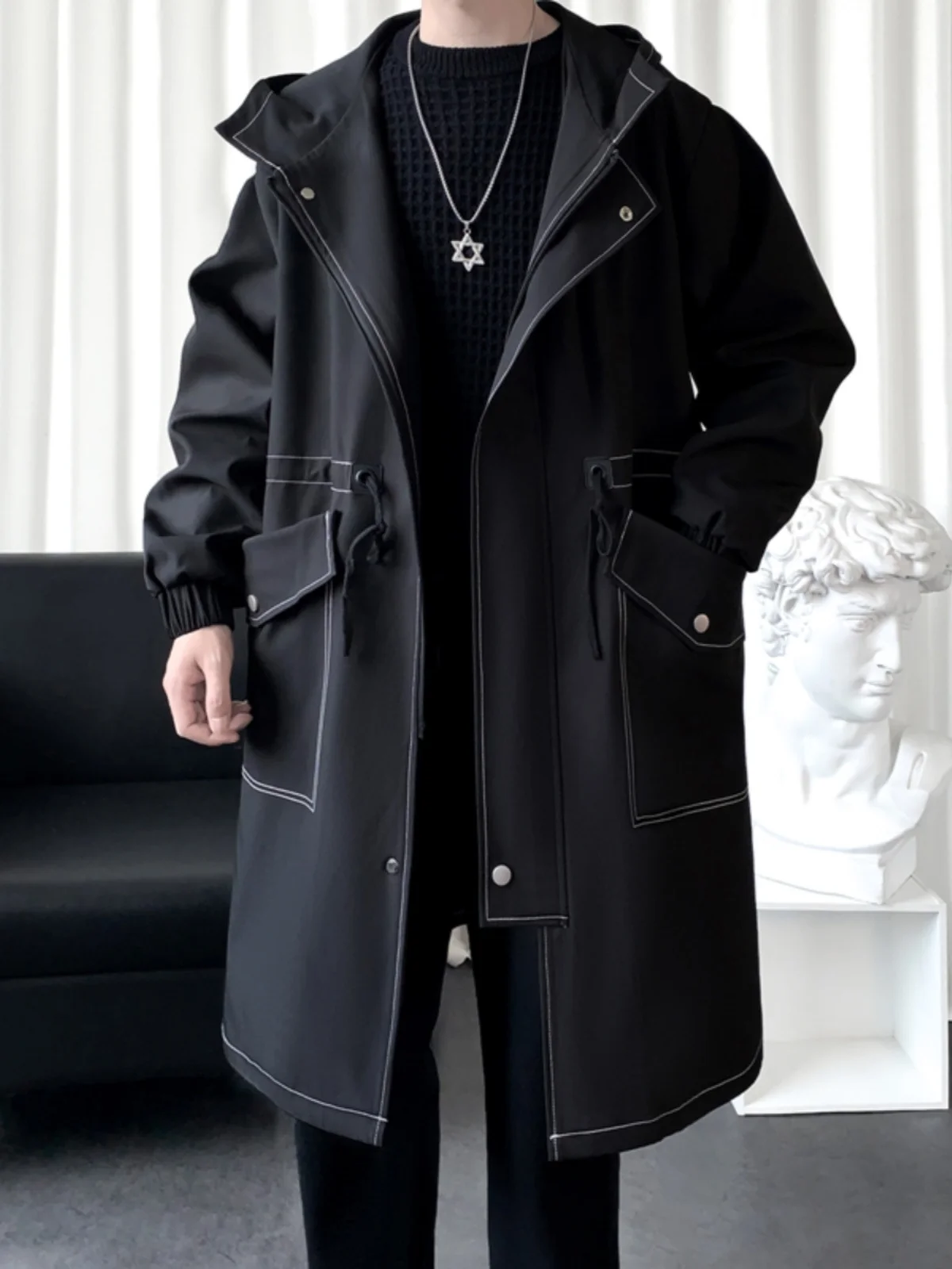 

Balmiken Men's Pure Bla Long Coat Autumn Faion Korean Sle Functional Windbreaker Outerwear Casual Loose Fit Polyester