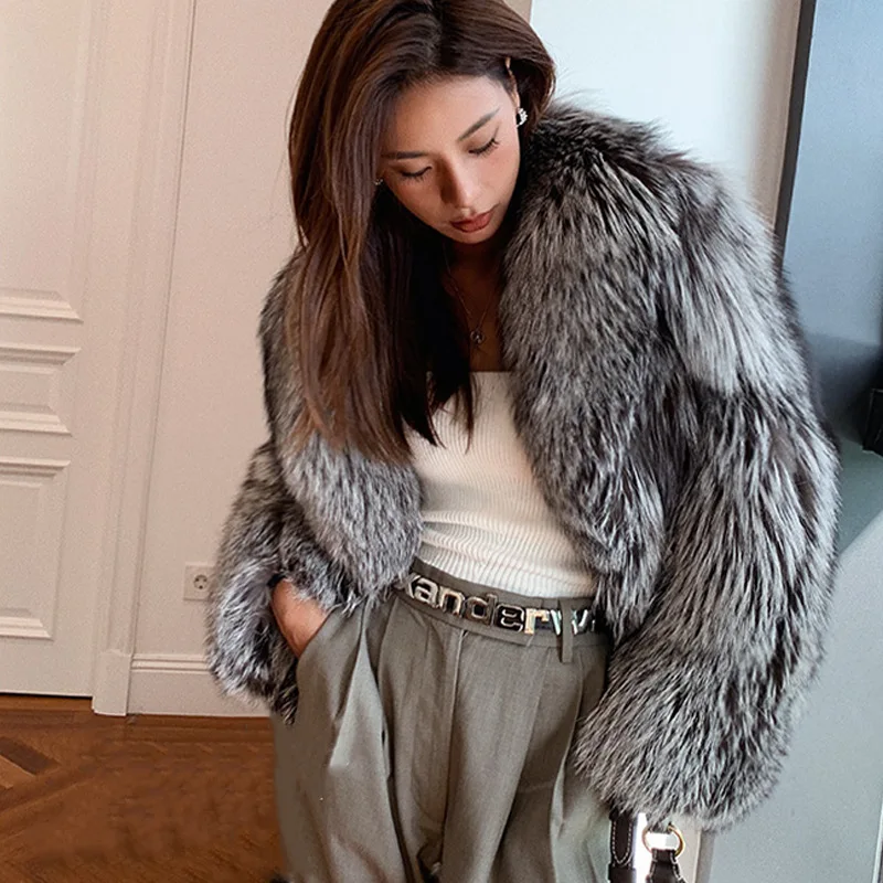 UMI MAO Ayajia Finlandia Argento Volpe Vera Pelliccia Cappotto Intero In Pelle Verde Frutta Collare Striscia Verticale Dimagrante Cappotto di Pelliccia Spessa