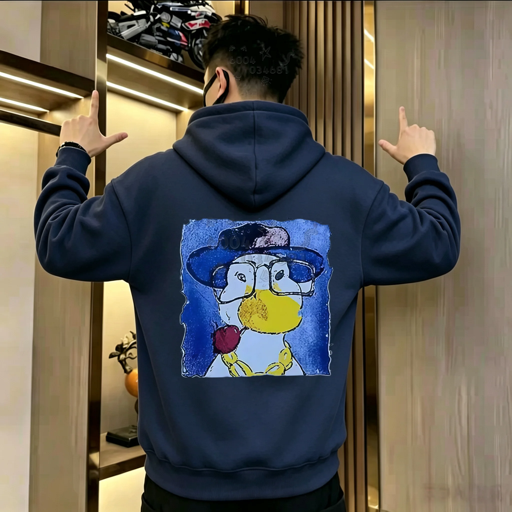 Men's street hoodie with hood,abstract graffiti,wearing glasses,cool duck print Spring, autumn and winter casual pullover hoodie
