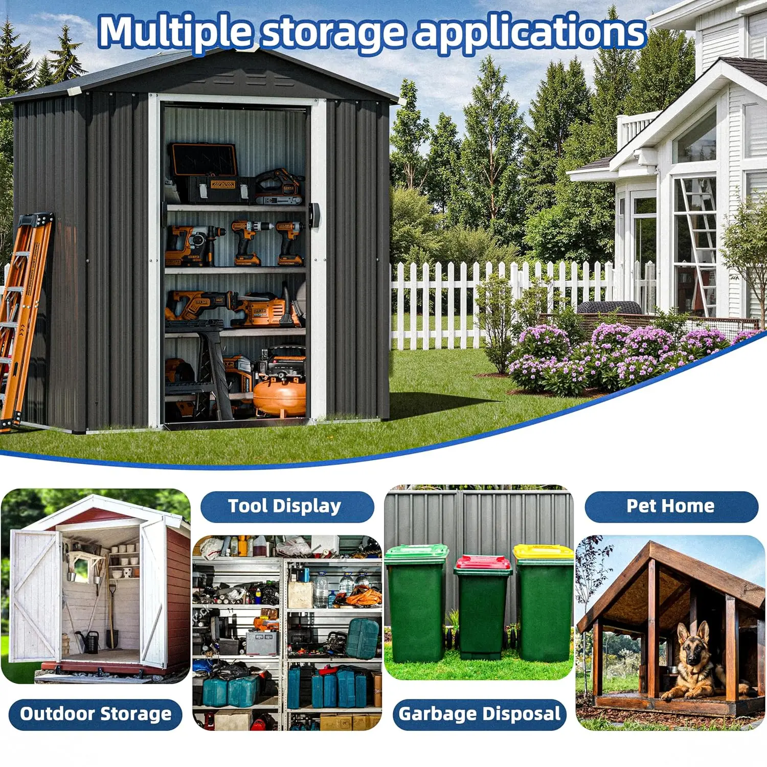 6x4 FT Outdoor Storage Shed Waterproof Metal Lockable Double Door Weather Resistant Steel Tool House Patio Lawn, Customized