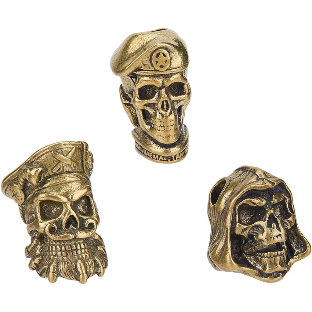 3 Styles Skull Knife Lanyard Bead Brass Pirate Paracord Bead Skeleton Paracord Bead 4-6mm Hole for DIY Paracord making kit