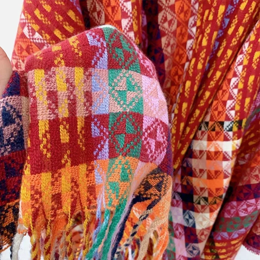 Elegant Bohemian Mongolian Poncho Gradient Color Ethnic Style Stripe Tassel Shawl Keep Warm Winter Knitted Cape for Women
