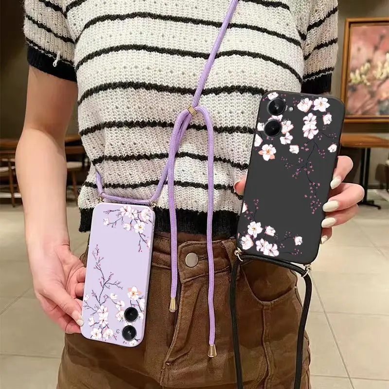 1 0 Delicate Flowers Lanyard Silicone Phone Case For Realme 10 10T 10Pro 8Pro 9Pro 12 12Pro 10ProPlus C35 C53 C65 C67 Cover