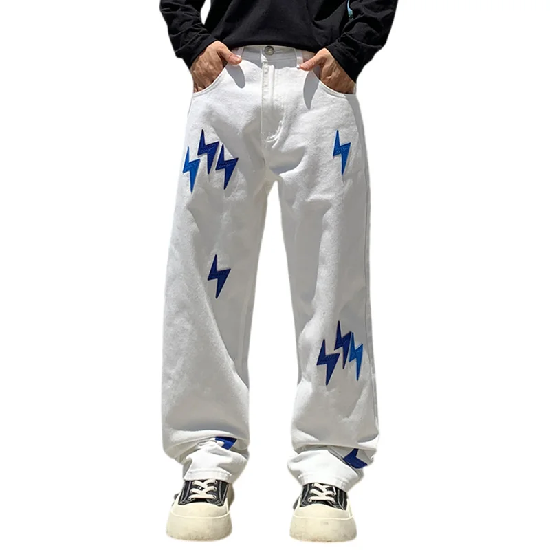 

Trendy Blue Lightning Jeans Straight Fit Versatile American High Street Classic Men's Denim Pants