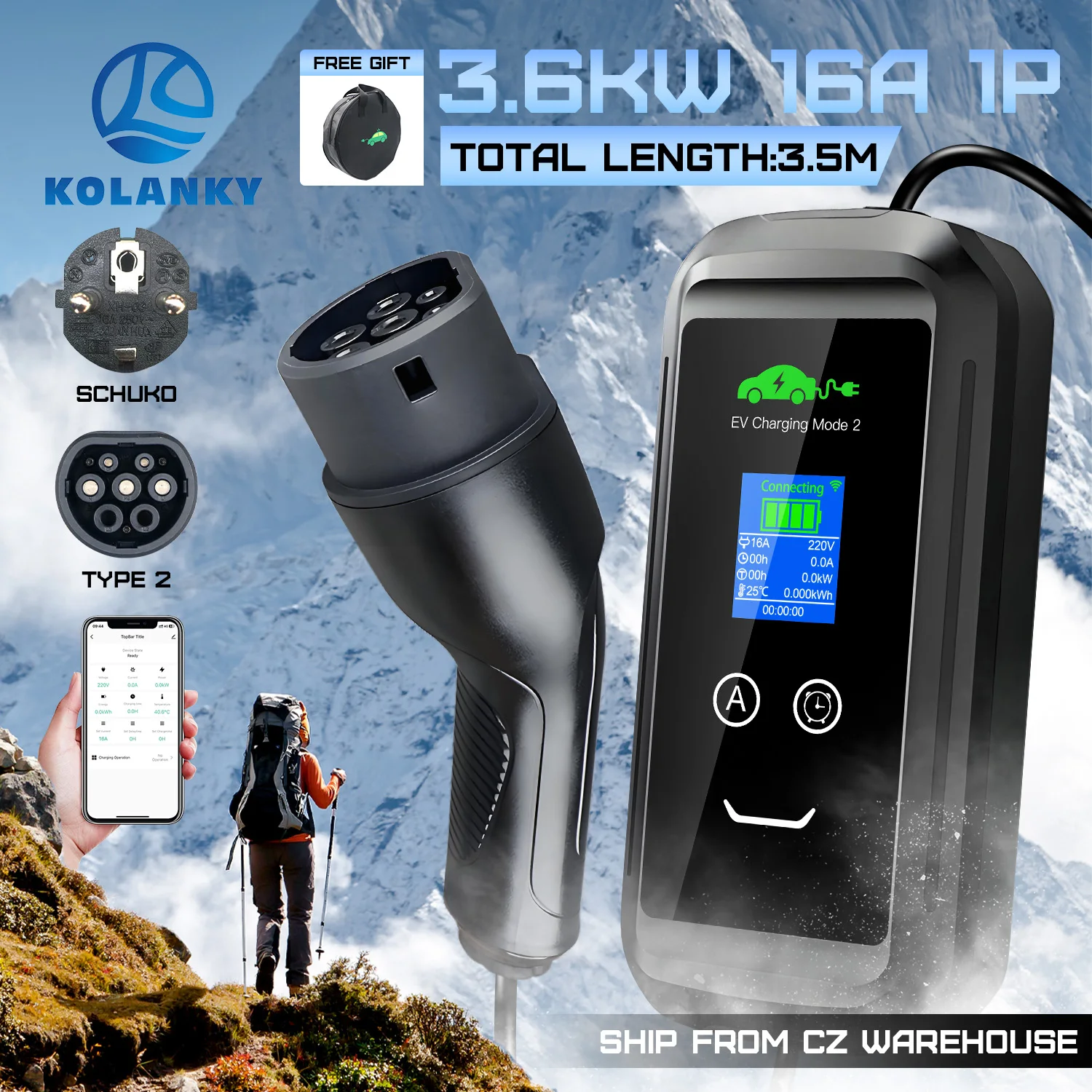 Caricatore Domestico EV Kolanky 16A 3.6KW con Spina EU Tipo 2 Schuko, App Tuya, Wi-Fi, per Ricarica Domestica di Auto Elettriche, 3.5M