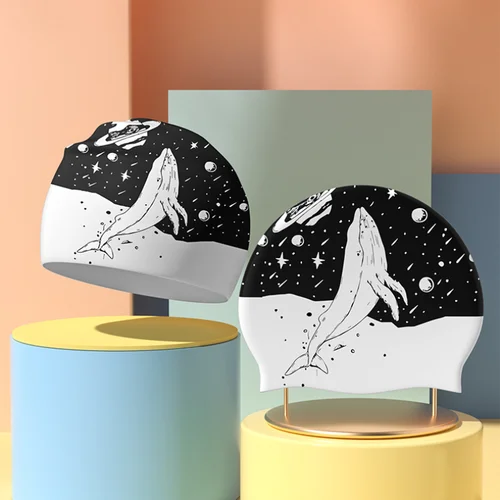 Gorros de natación de silicona para hombres y mujeres, gorros de natación de gran tamaño, protección para los oídos, gorro de natación con estampado de dibujos animados, accesorios de piscina